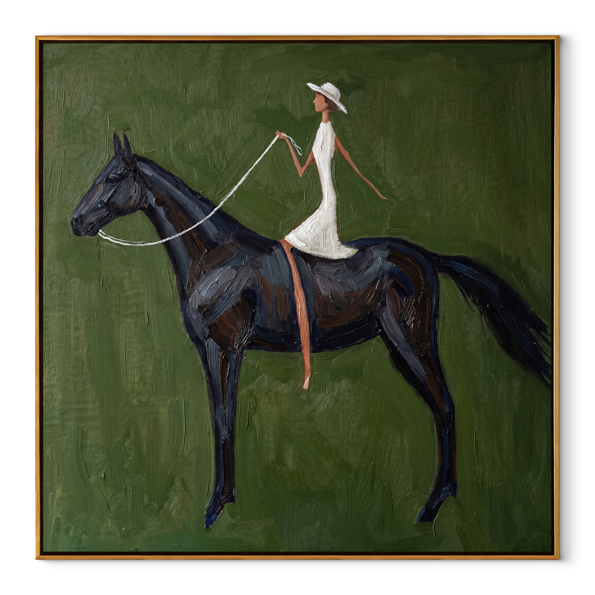 Quiet Reins Follow the Dust Road - horse and rider painting by Isabelle Laurent, modern Western square wall art – wood frame on white background