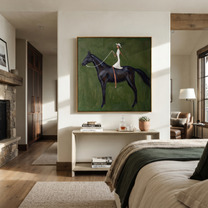 Quiet Reins Follow the Dust Road - horse and rider painting by Isabelle Laurent, modern Western square wall art – styled room scene view 2