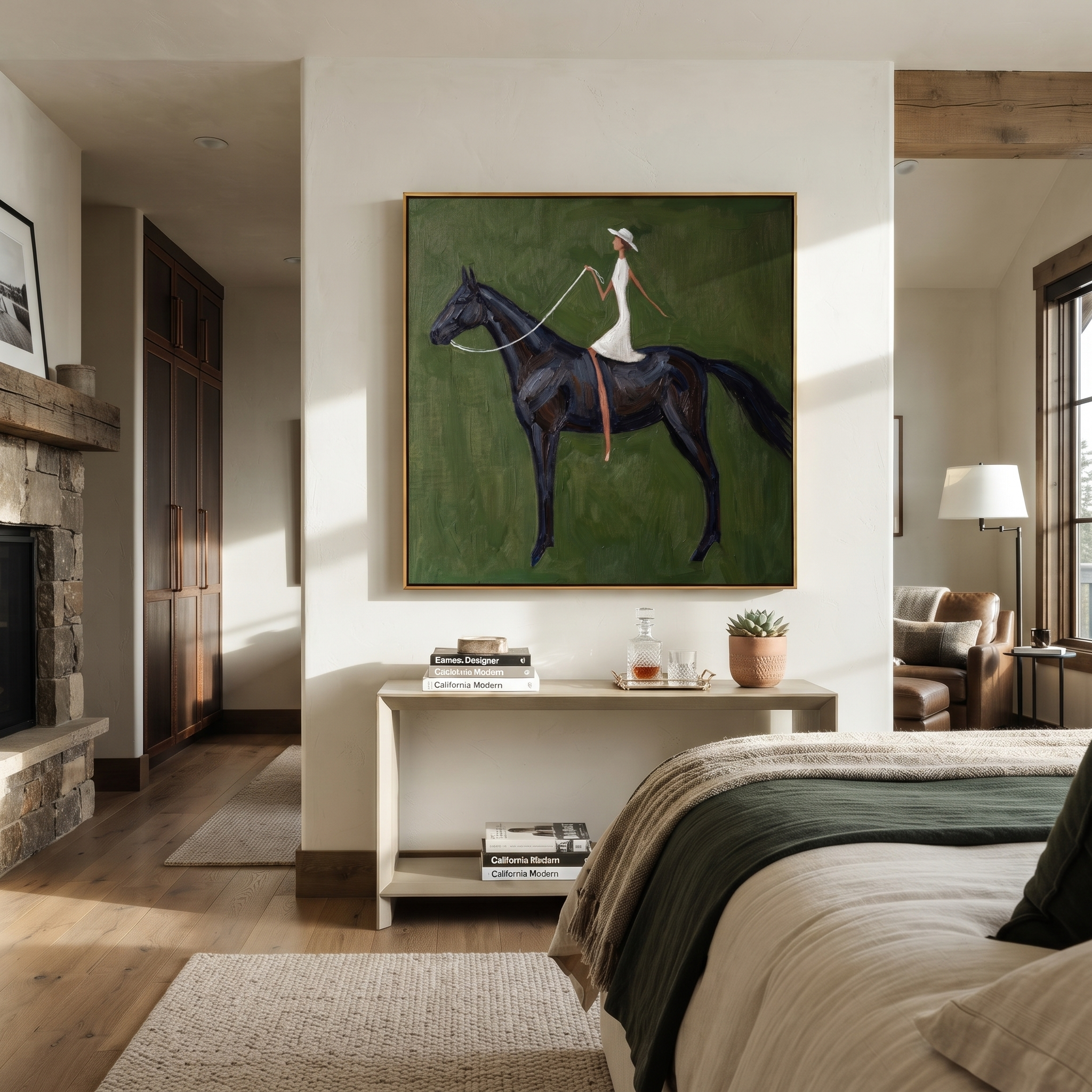 Quiet Reins Follow the Dust Road - horse and rider painting by Isabelle Laurent, modern Western square wall art – styled room scene view 2