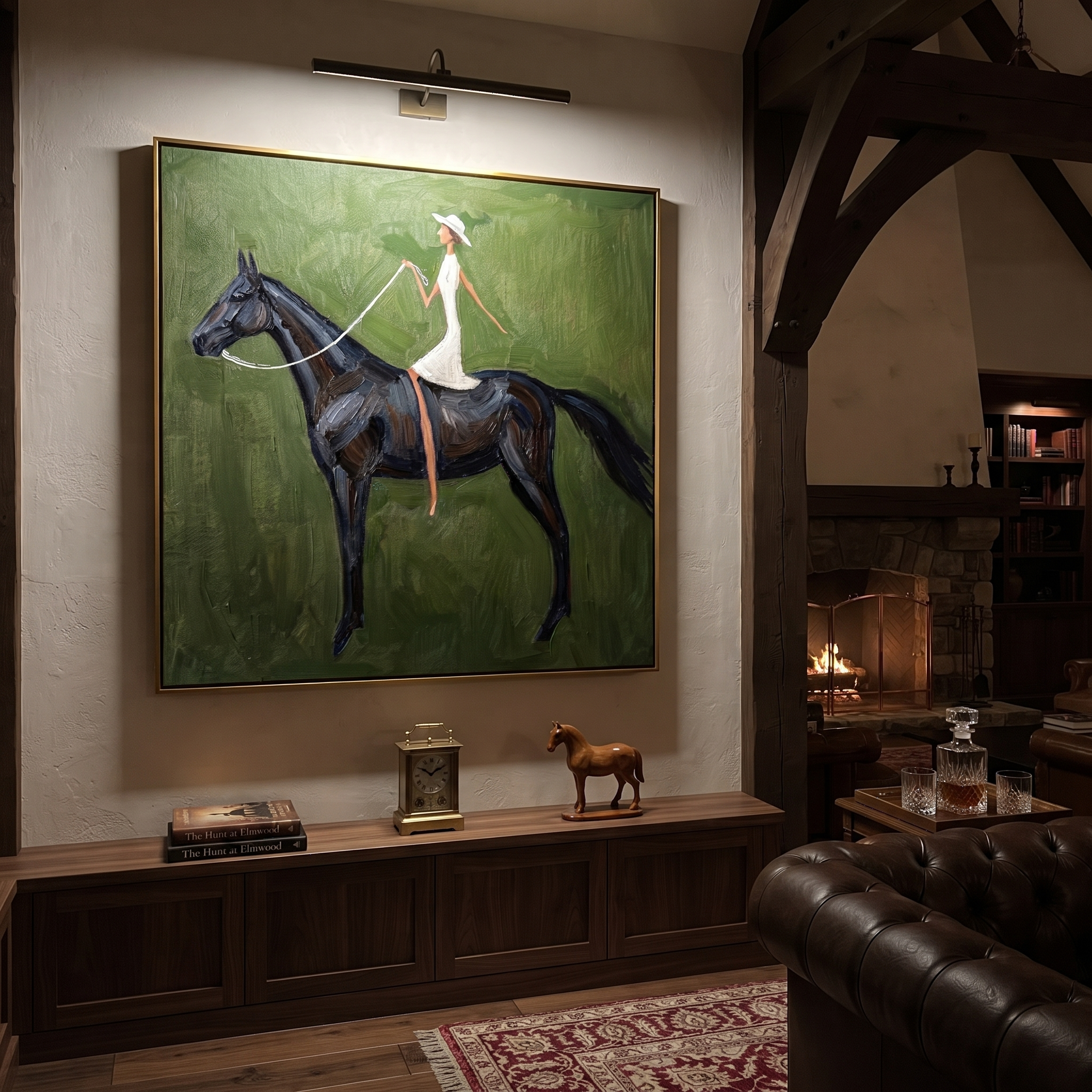 Quiet Reins Follow the Dust Road - horse and rider painting by Isabelle Laurent, modern Western square wall art – styled room scene view 3