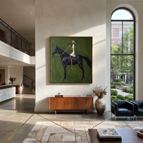Quiet Reins Follow the Dust Road - horse and rider painting by Isabelle Laurent, modern Western square wall art – styled room scene view 4
