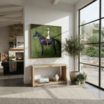 Quiet Reins Follow the Dust Road - horse and rider painting by Isabelle Laurent, modern Western square wall art – styled room scene view 5