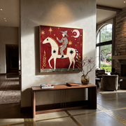 Painted Saddle Follow the Dust Road - symbolic horse and rider painting by Isabelle Laurent, modern Western square wall art – styled room scene view 1