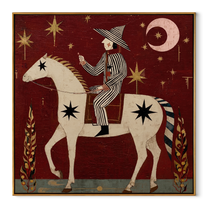 Painted Saddle Follow the Dust Road - symbolic horse and rider painting by Isabelle Laurent, modern Western square wall art – wood frame on white background