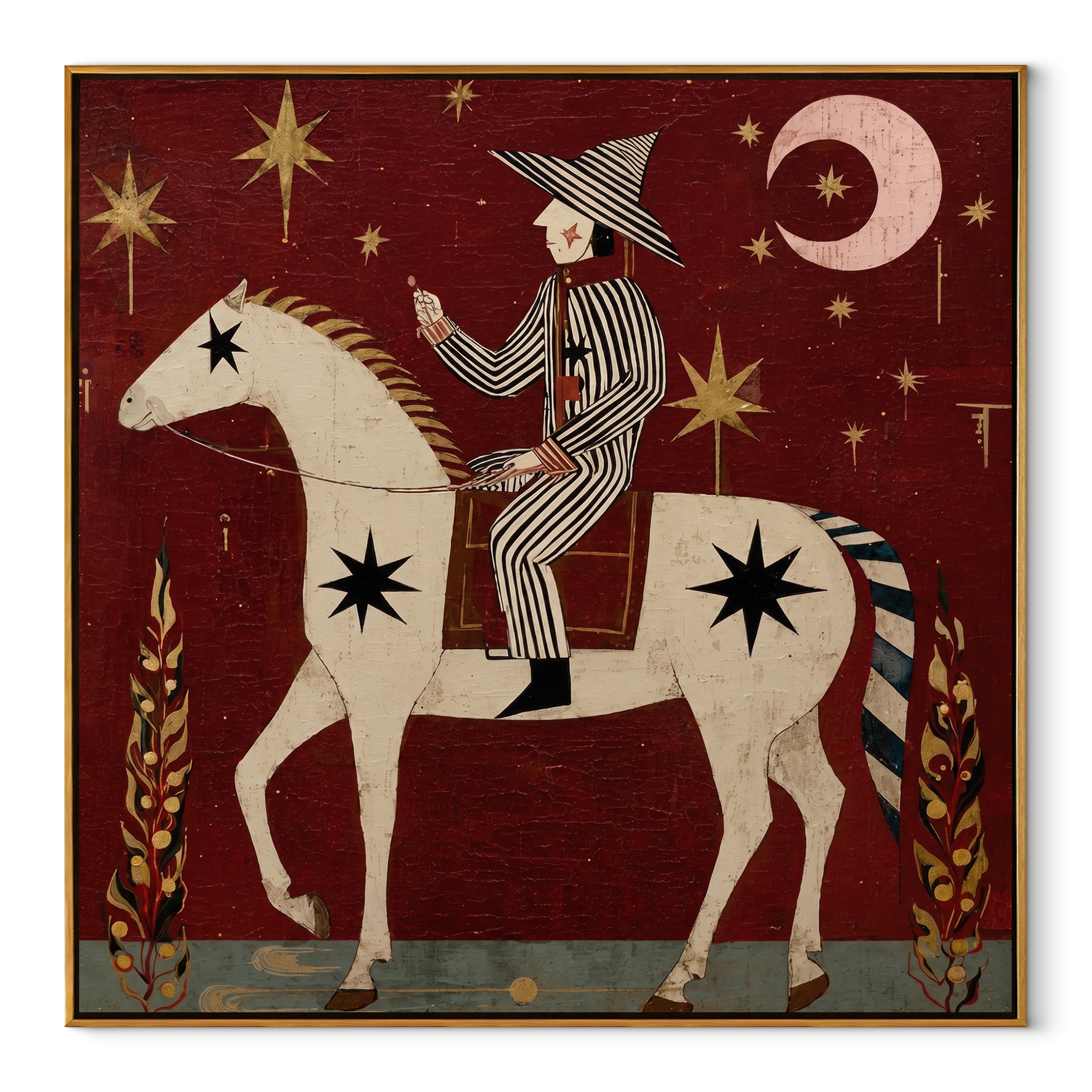 Painted Saddle Follow the Dust Road - symbolic horse and rider painting by Isabelle Laurent, modern Western square wall art – wood frame on white background