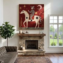 Painted Saddle Follow the Dust Road - symbolic horse and rider painting by Isabelle Laurent, modern Western square wall art – styled room scene view 2