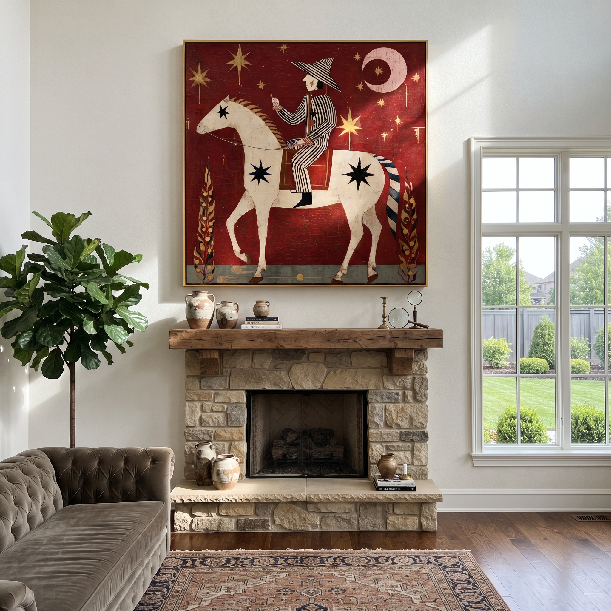 Painted Saddle Follow the Dust Road - symbolic horse and rider painting by Isabelle Laurent, modern Western square wall art – styled room scene view 2