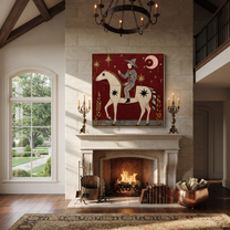 Painted Saddle Follow the Dust Road - symbolic horse and rider painting by Isabelle Laurent, modern Western square wall art – styled room scene view 3
