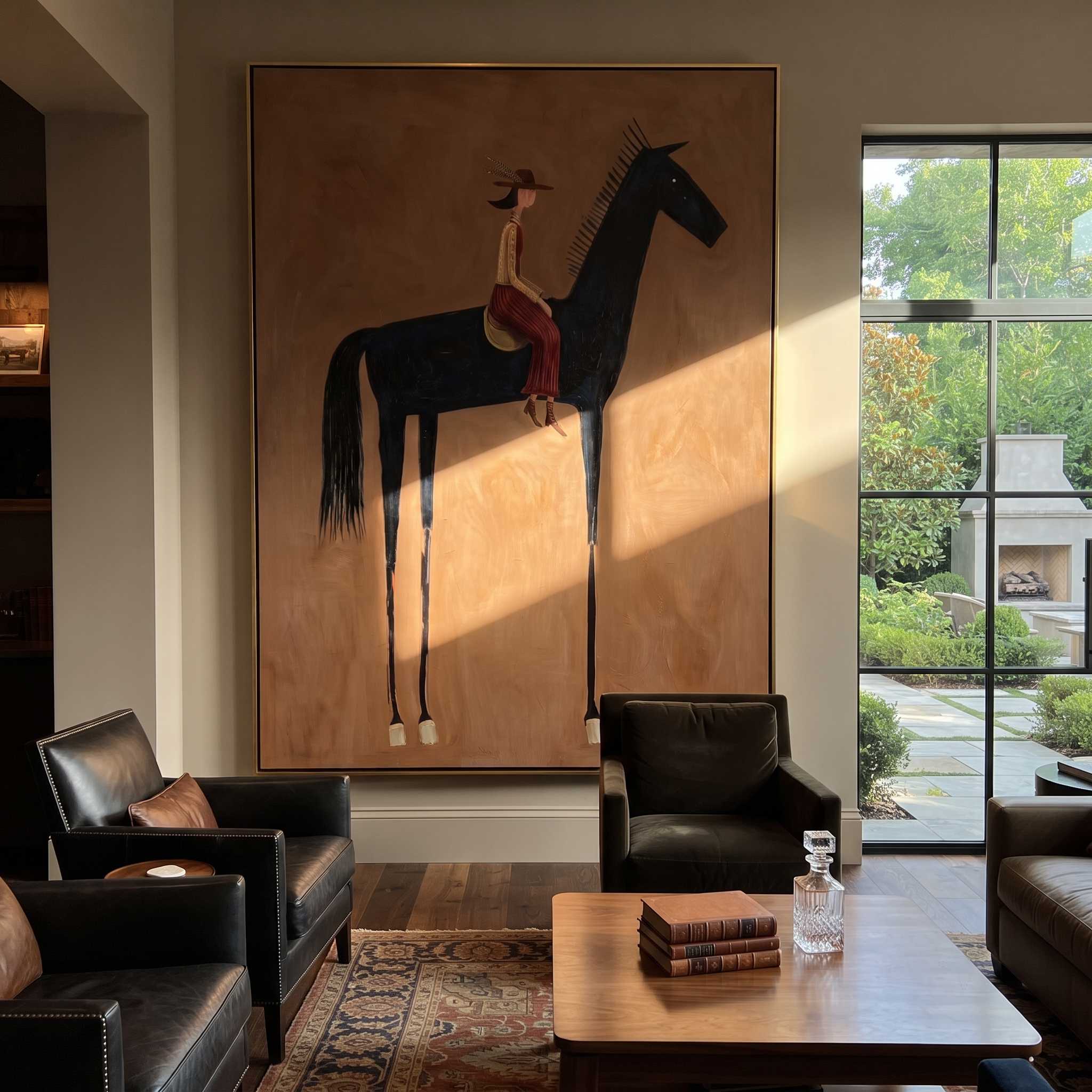 Long Mane Follow the Dust Road - horse and rider painting by Isabelle Laurent, modern Western vertical wall art – styled room scene view 1