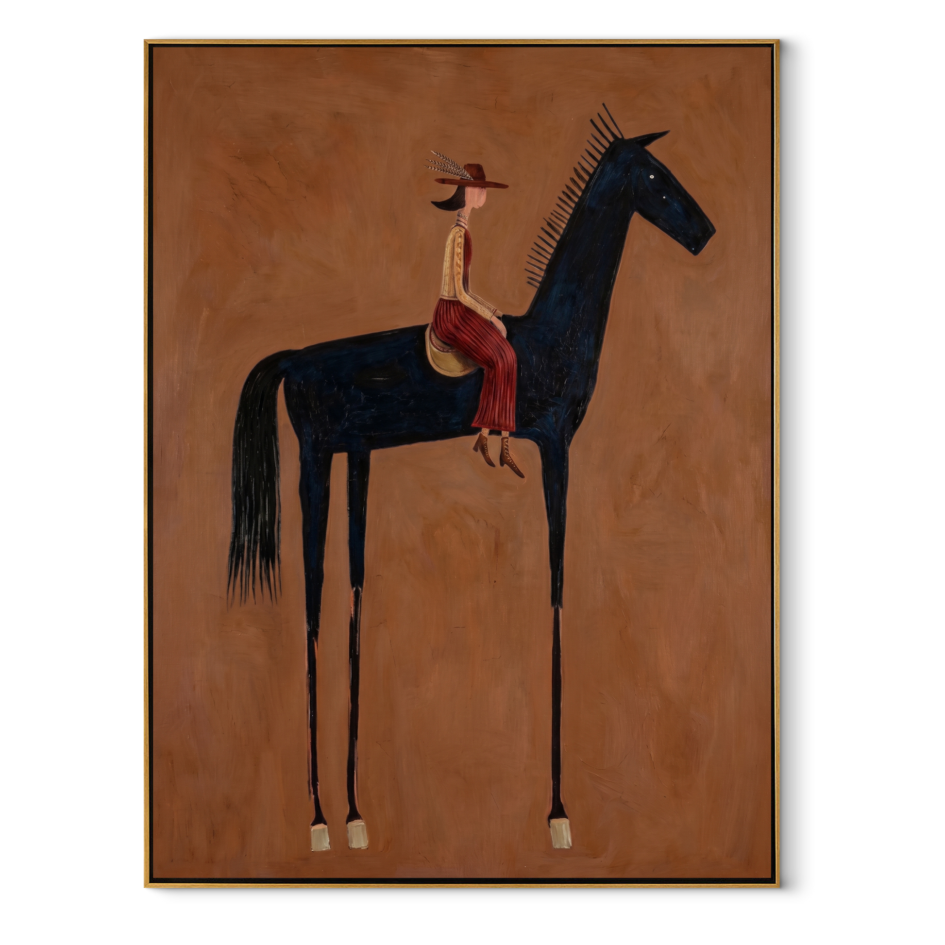 Long Mane Follow the Dust Road - horse and rider painting by Isabelle Laurent, modern Western vertical wall art – wood frame on white background