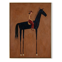 Long Mane Follow the Dust Road - horse and rider painting by Isabelle Laurent, modern Western vertical wall art – wood frame on white background