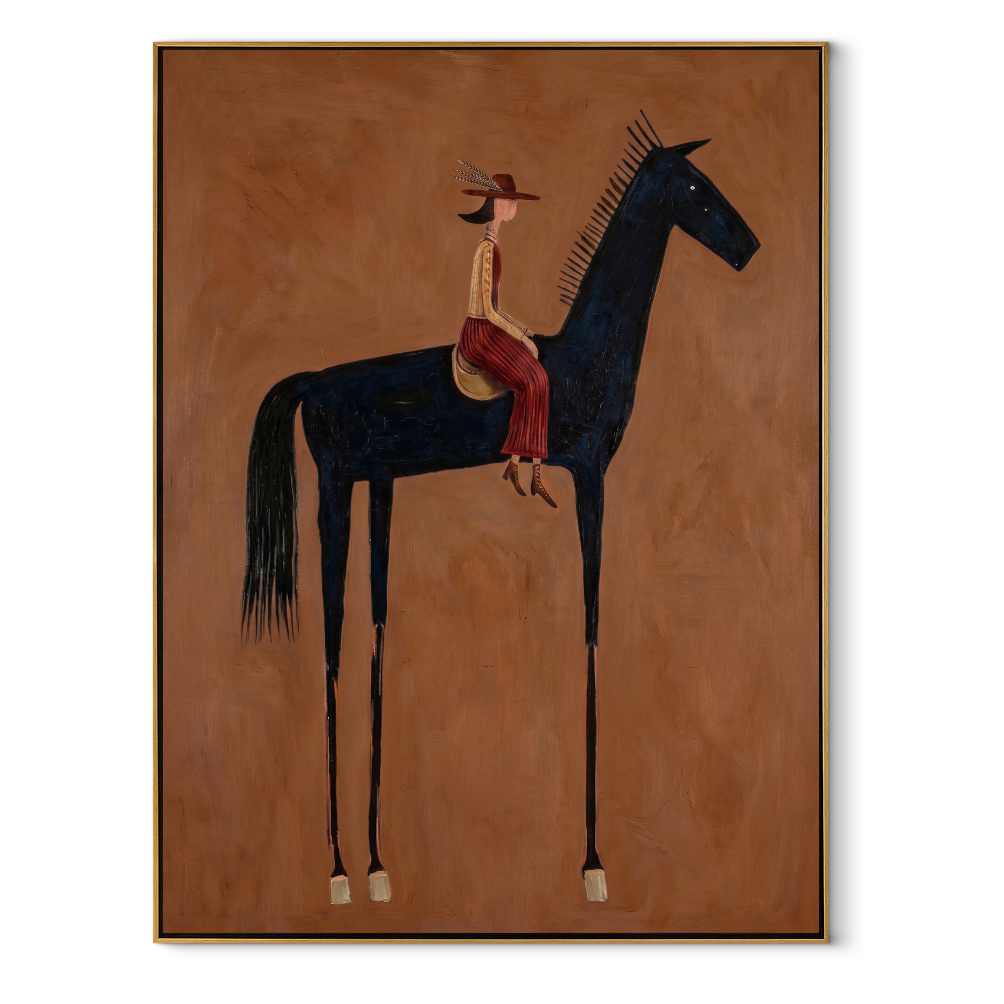 Long Mane Follow the Dust Road - horse and rider painting by Isabelle Laurent, modern Western vertical wall art – wood frame on white background