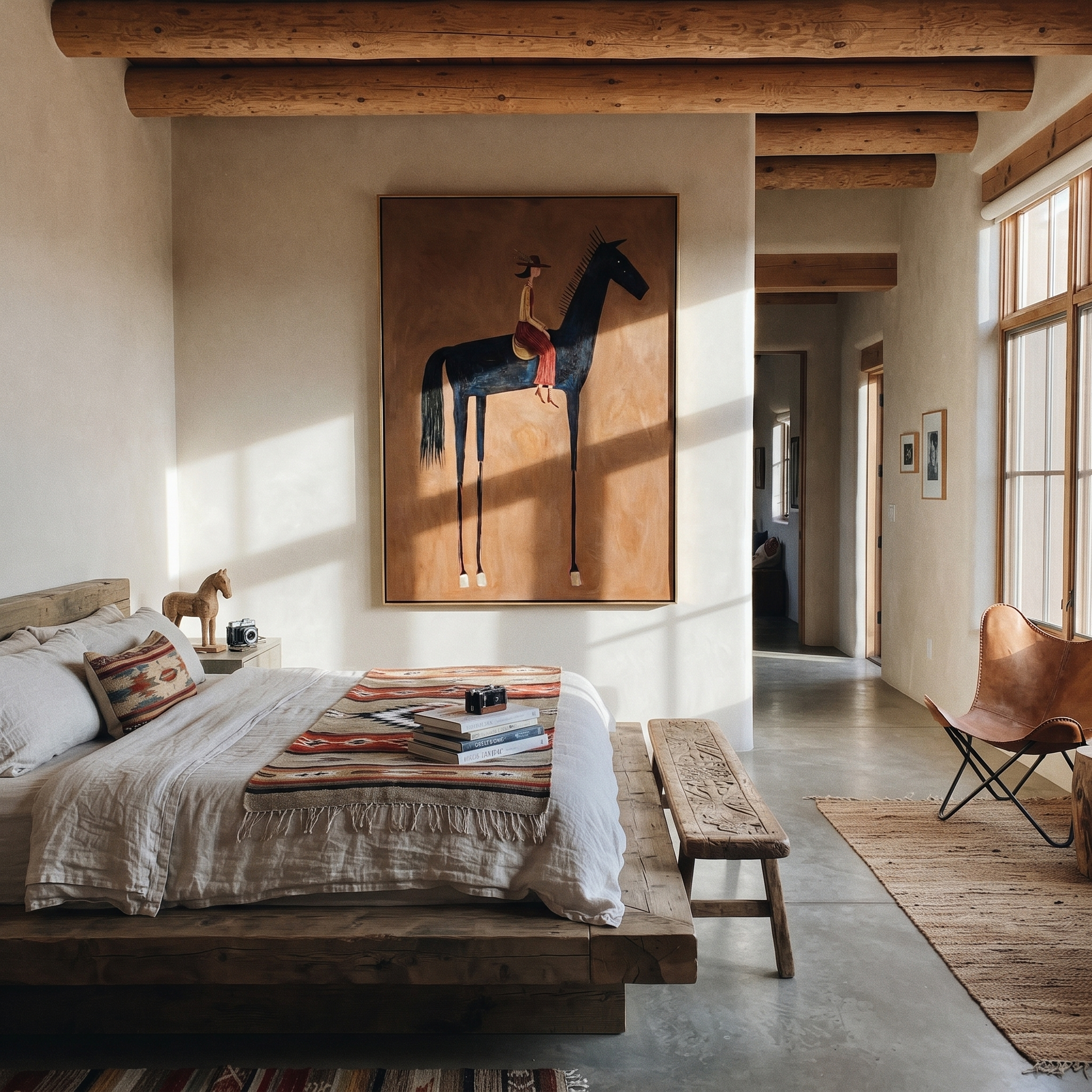 Long Mane Follow the Dust Road - horse and rider painting by Isabelle Laurent, modern Western vertical wall art – styled room scene view 2