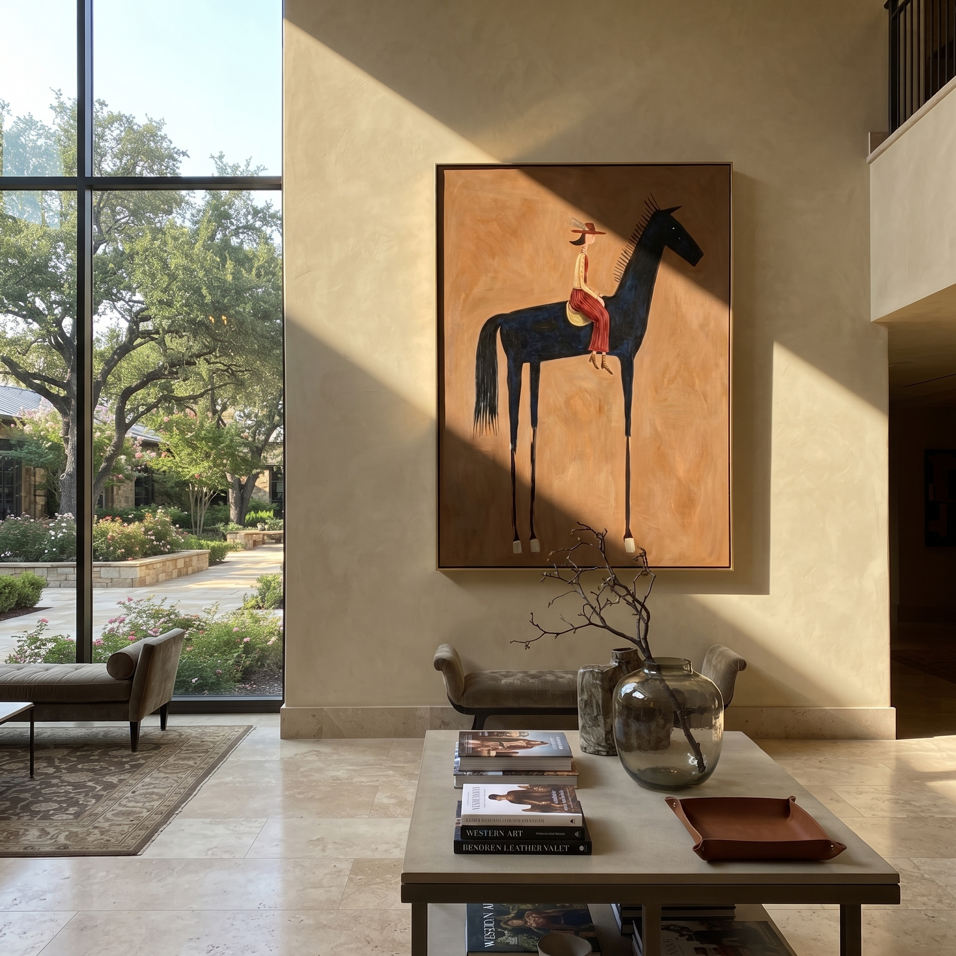 Long Mane Follow the Dust Road - horse and rider painting by Isabelle Laurent, modern Western vertical wall art – styled room scene view 3