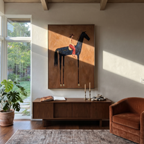 Long Mane Follow the Dust Road - horse and rider painting by Isabelle Laurent, modern Western vertical wall art – styled room scene view 4