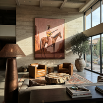 Western Stars Follow the Dust Road - horse and rider painting by Isabelle Laurent, modern Western vertical wall art – styled room scene view 1