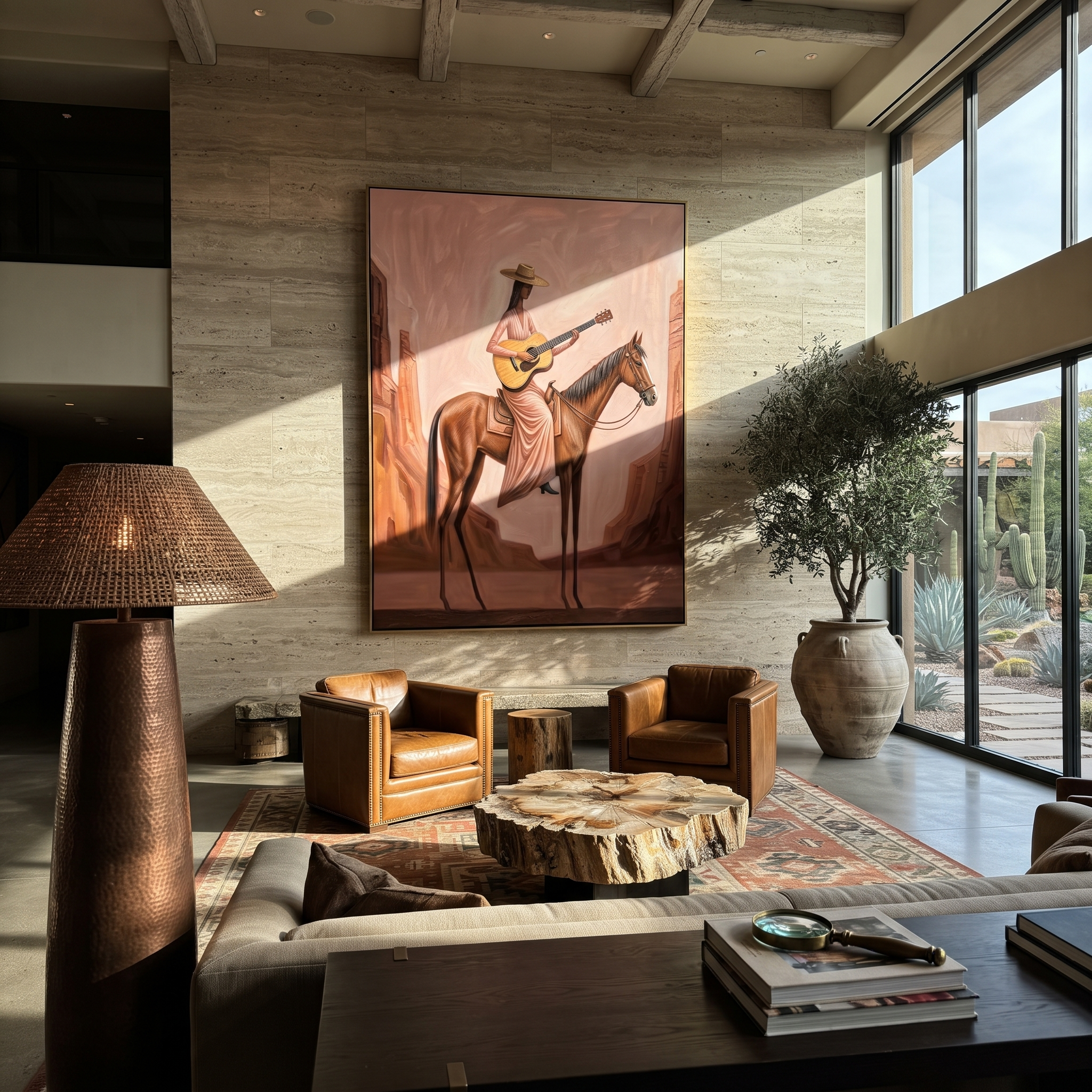 Western Stars Follow the Dust Road - horse and rider painting by Isabelle Laurent, modern Western vertical wall art – styled room scene view 1