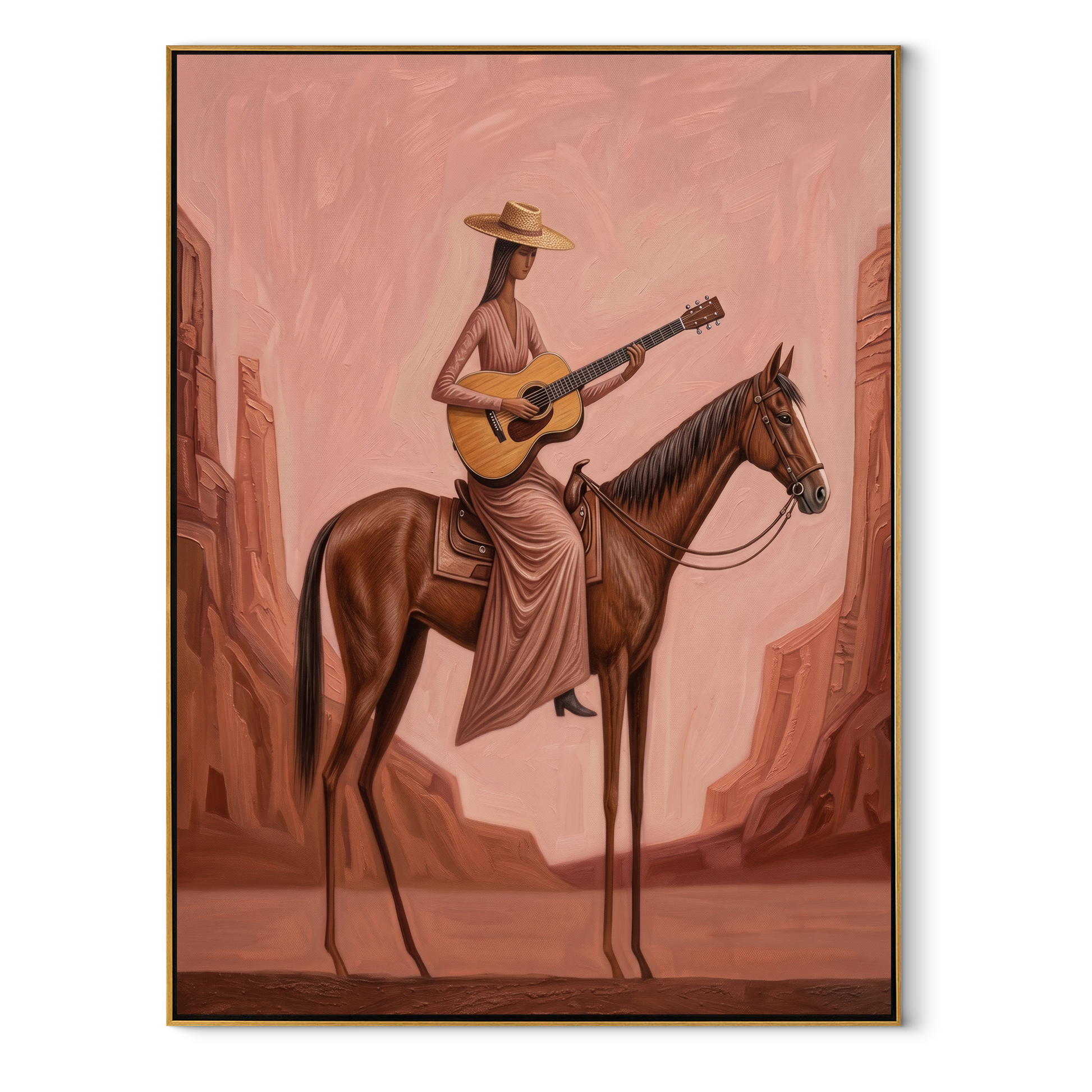 Western Stars Follow the Dust Road - horse and rider painting by Isabelle Laurent, modern Western vertical wall art – wood frame on white background