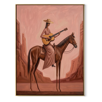 Western Stars Follow the Dust Road - horse and rider painting by Isabelle Laurent, modern Western vertical wall art – wood frame on white background