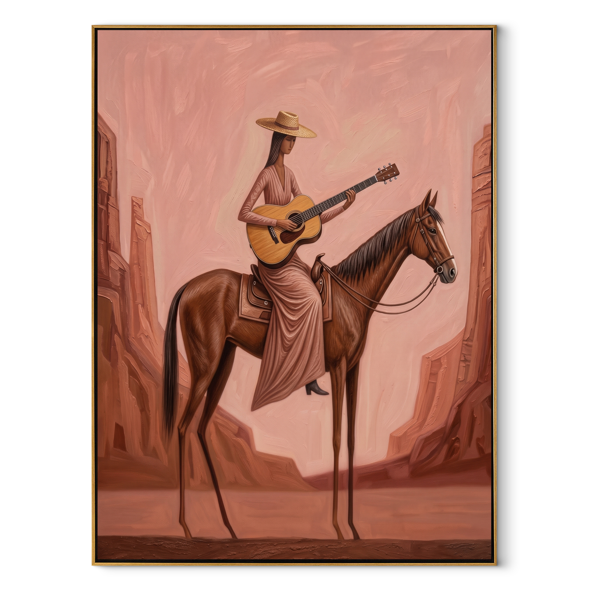 Western Stars Follow the Dust Road - horse and rider painting by Isabelle Laurent, modern Western vertical wall art – wood frame on white background