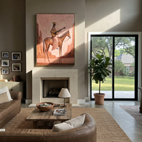 Western Stars Follow the Dust Road - horse and rider painting by Isabelle Laurent, modern Western vertical wall art – styled room scene view 2