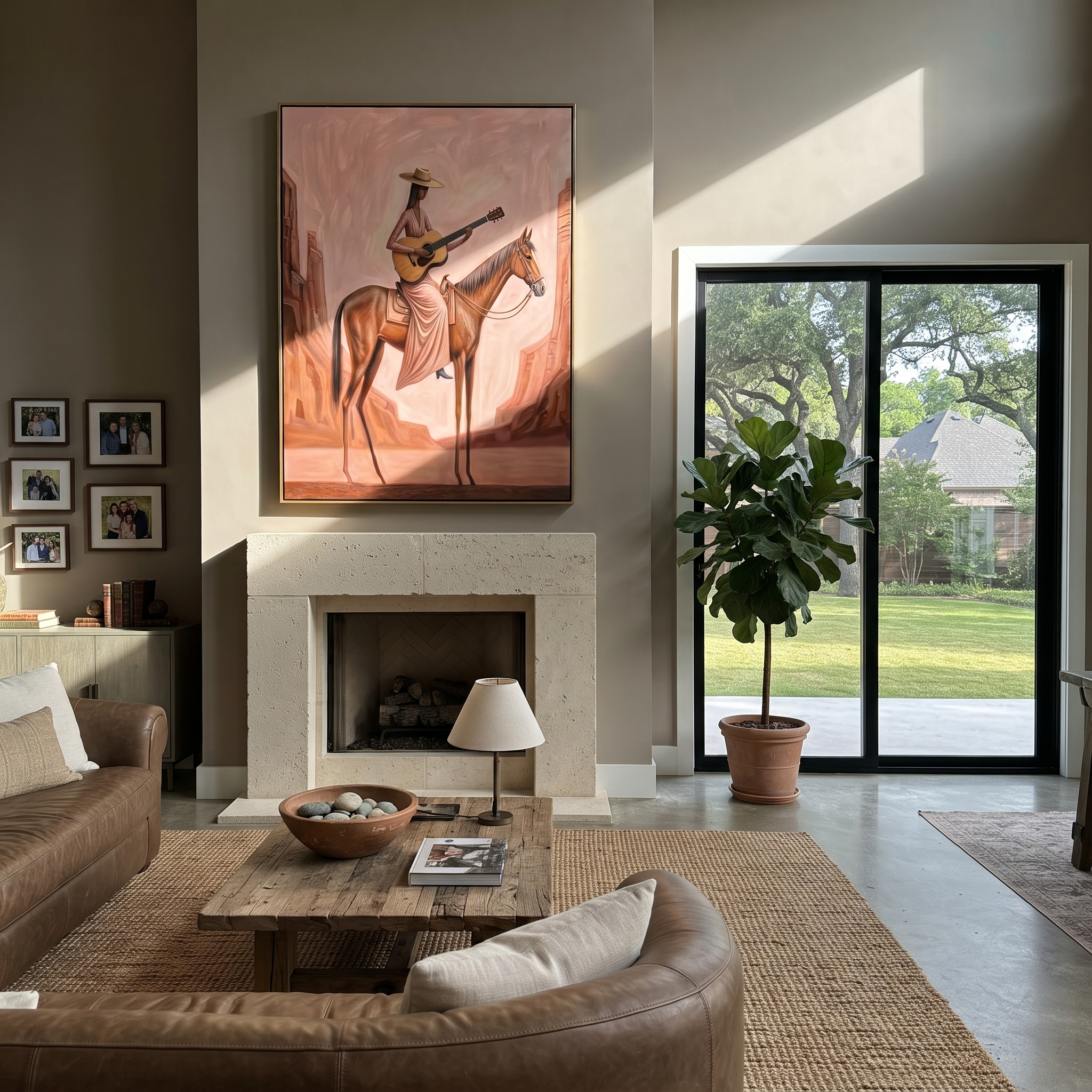 Western Stars Follow the Dust Road - horse and rider painting by Isabelle Laurent, modern Western vertical wall art – styled room scene view 2