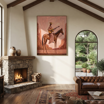 Western Stars Follow the Dust Road - horse and rider painting by Isabelle Laurent, modern Western vertical wall art – styled room scene view 3