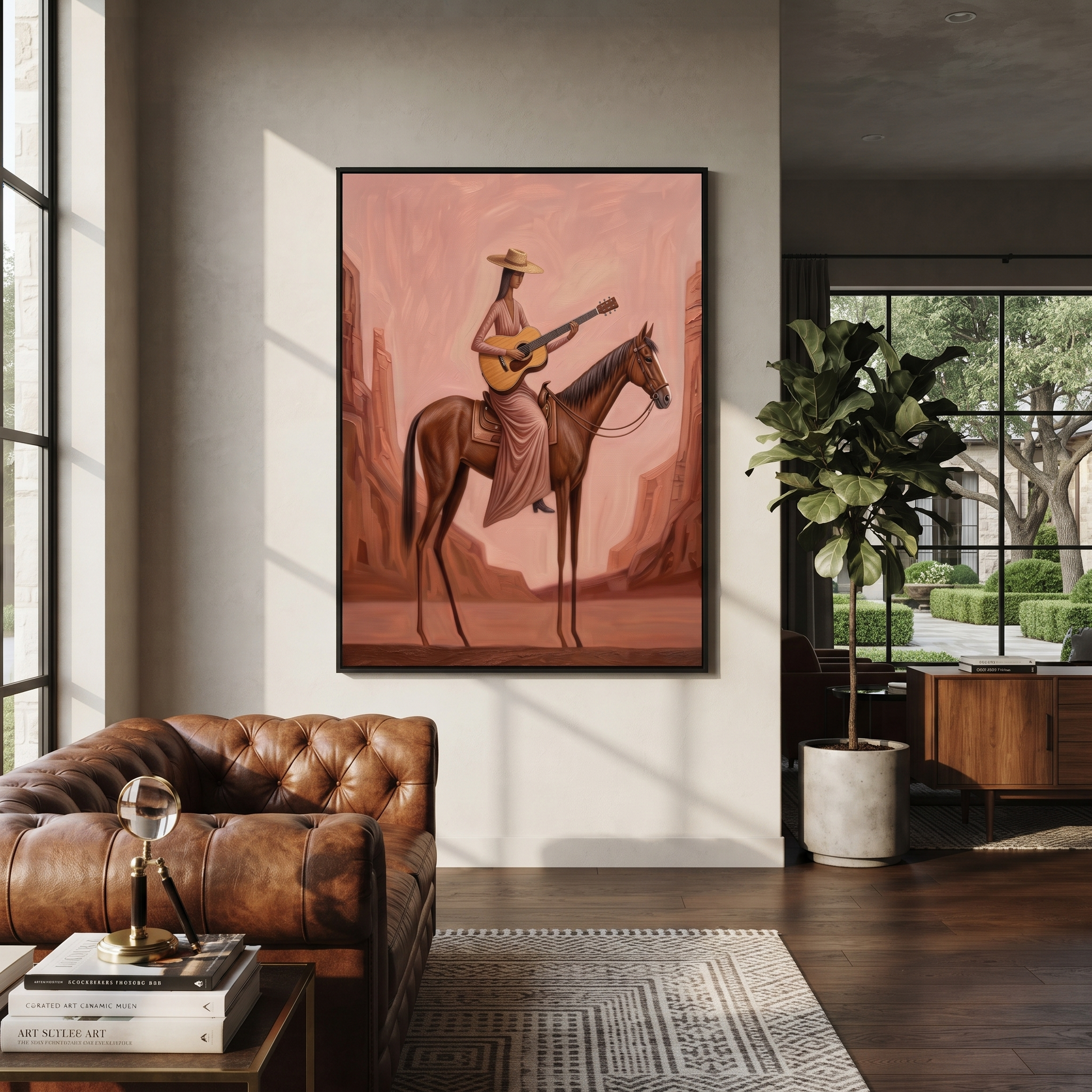 Western Stars Follow the Dust Road - horse and rider painting by Isabelle Laurent, modern Western vertical wall art – styled room scene view 4
