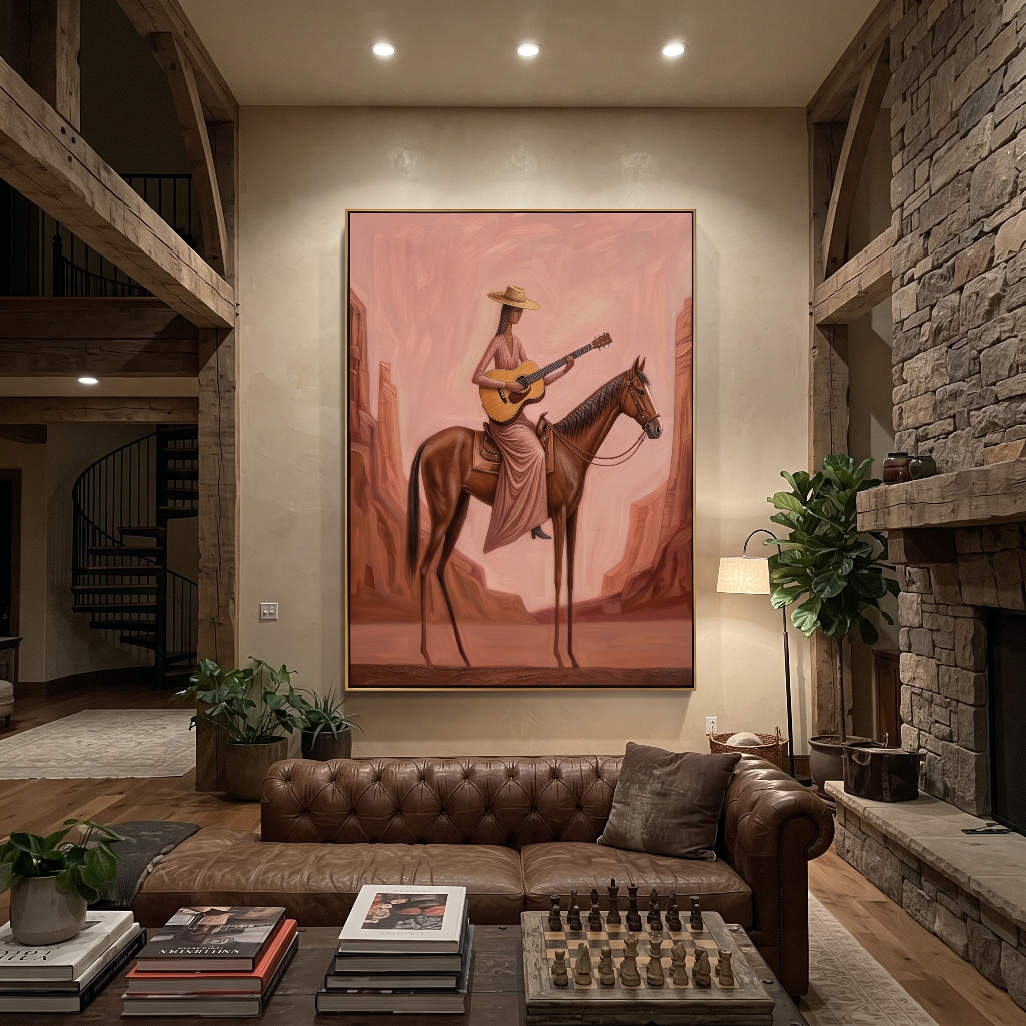 Western Stars Follow the Dust Road - horse and rider painting by Isabelle Laurent, modern Western vertical wall art – styled room scene view 5