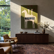 Gentle Strength Follow the Dust Road - folk horse painting by Isabelle Laurent, modern Western vertical wall art – styled room scene view 1