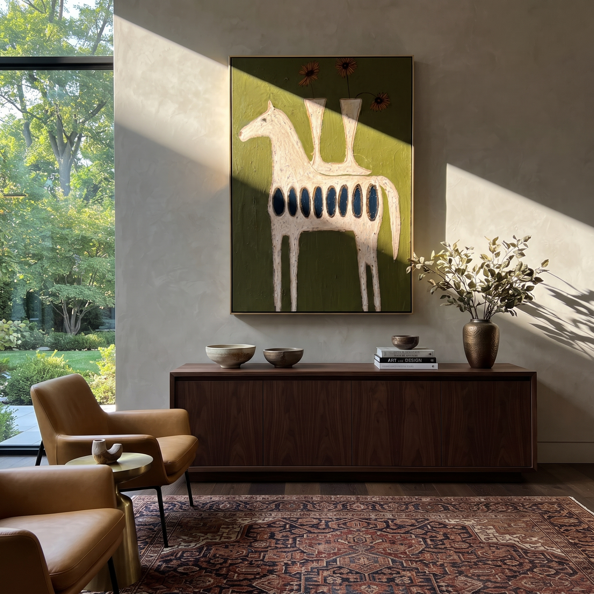 Gentle Strength Follow the Dust Road - folk horse painting by Isabelle Laurent, modern Western vertical wall art – styled room scene view 1