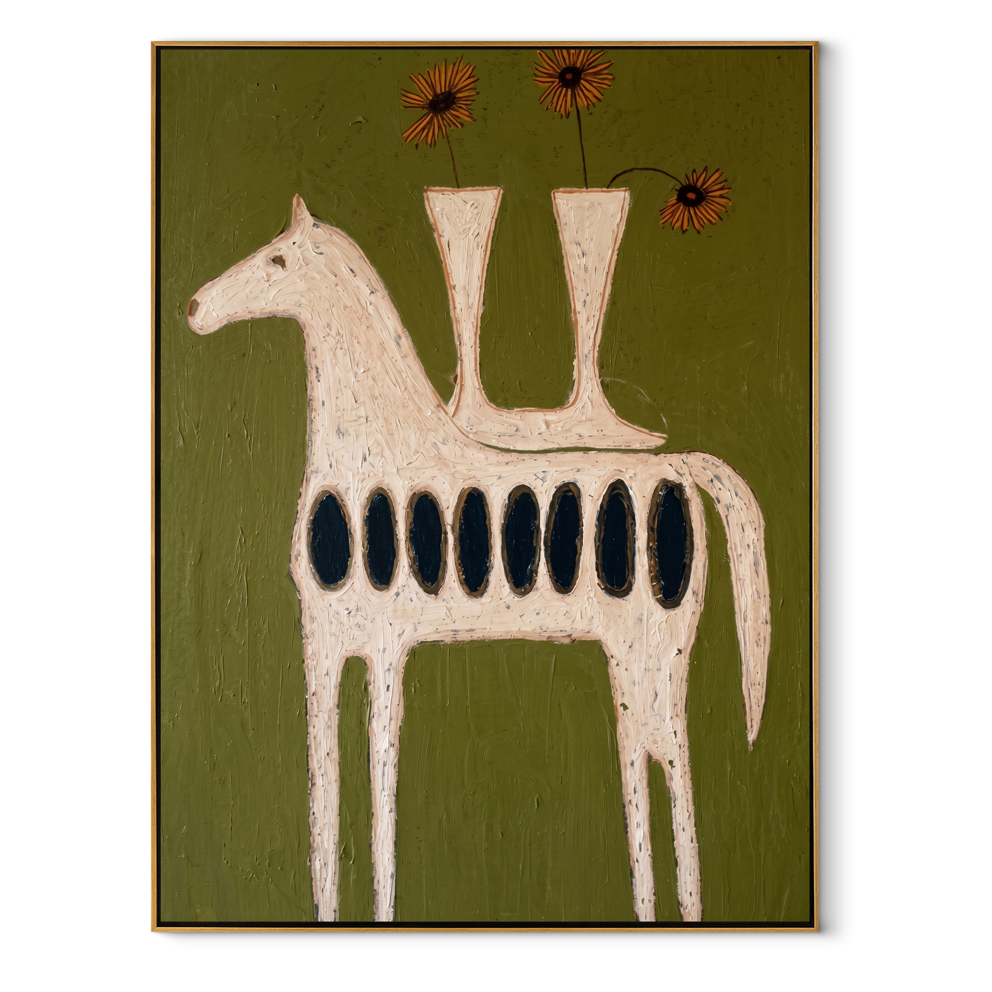 Gentle Strength Follow the Dust Road - folk horse painting by Isabelle Laurent, modern Western vertical wall art – wood frame on white background