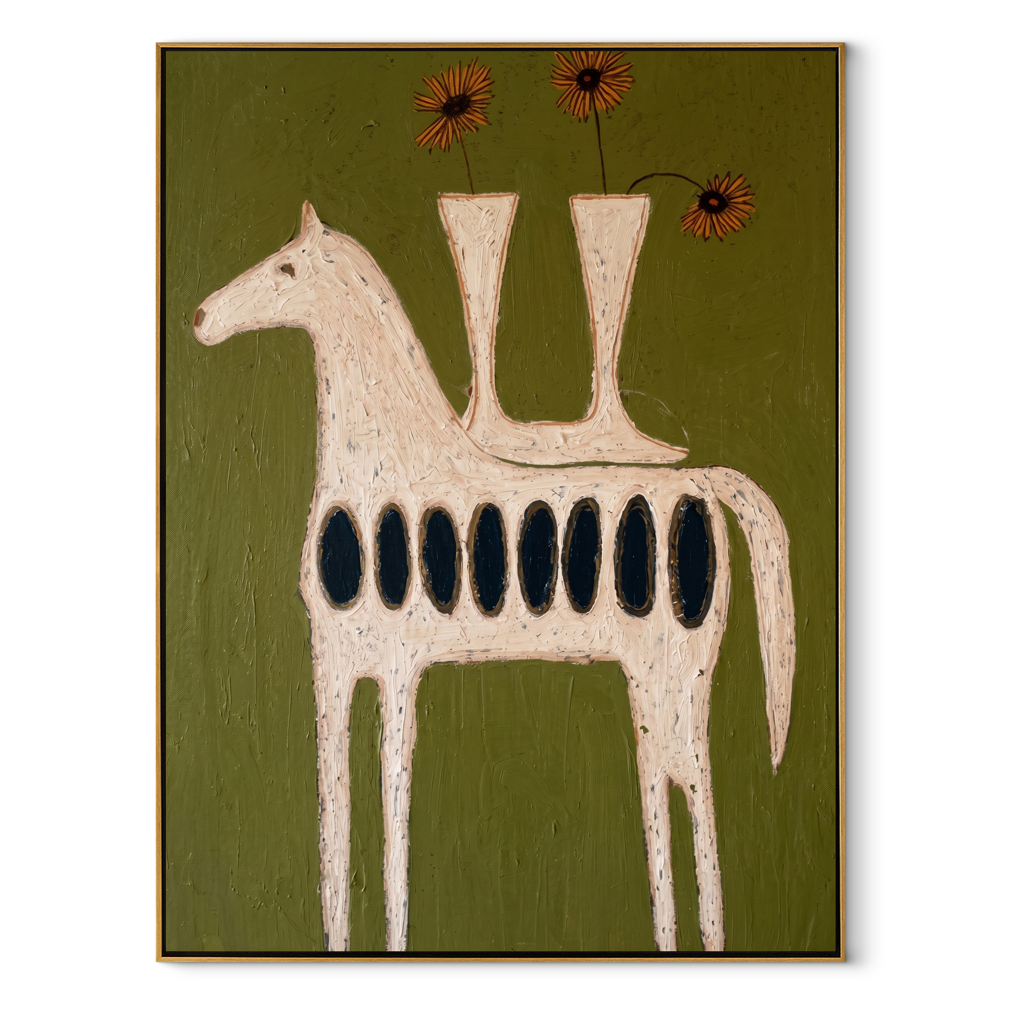 Gentle Strength Follow the Dust Road - folk horse painting by Isabelle Laurent, modern Western vertical wall art – wood frame on white background