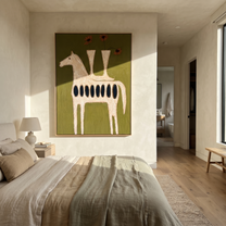 Gentle Strength Follow the Dust Road - folk horse painting by Isabelle Laurent, modern Western vertical wall art – styled room scene view 2