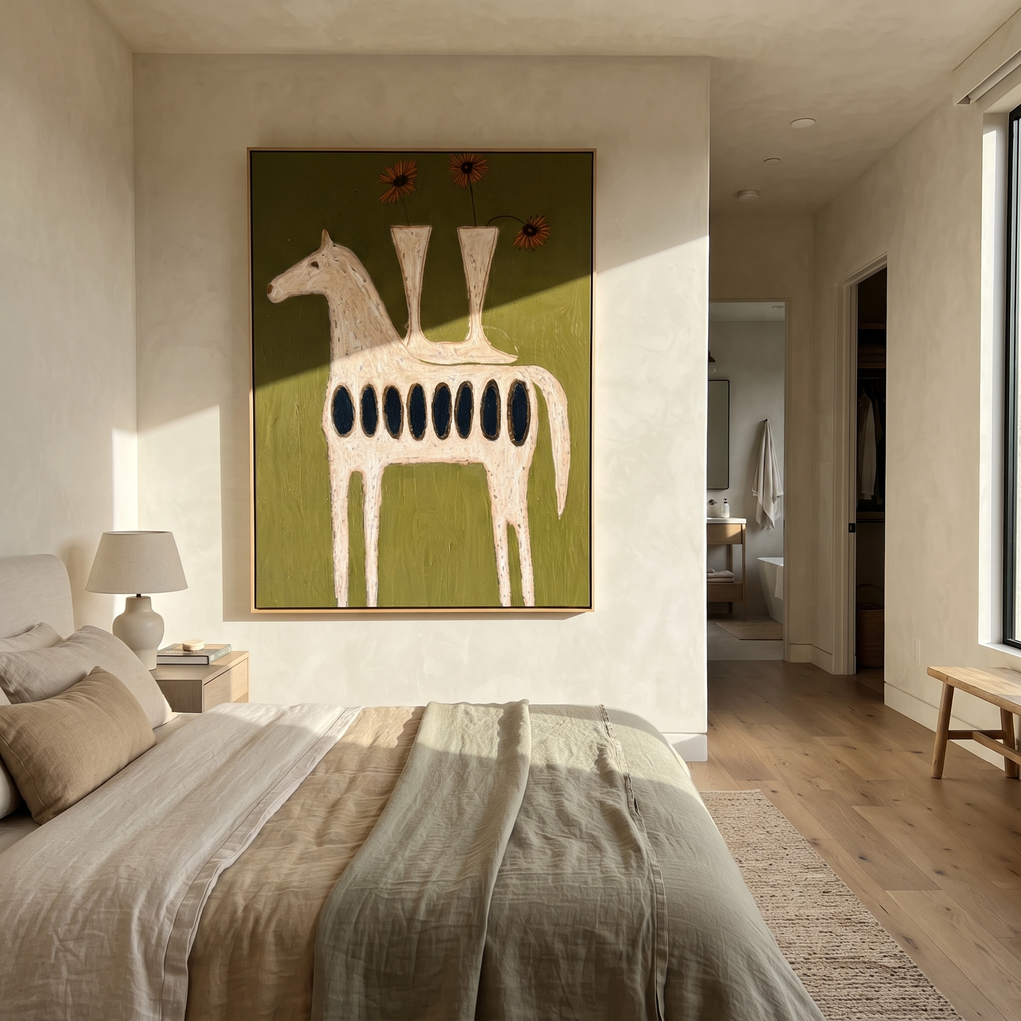 Gentle Strength Follow the Dust Road - folk horse painting by Isabelle Laurent, modern Western vertical wall art – styled room scene view 2