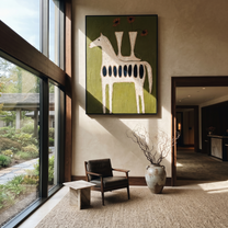 Gentle Strength Follow the Dust Road - folk horse painting by Isabelle Laurent, modern Western vertical wall art – styled room scene view 3