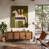 Gentle Strength Follow the Dust Road - folk horse painting by Isabelle Laurent, modern Western vertical wall art – styled room scene view 4