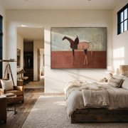Desert Rhythm Follow the Dust Road - horse and rider painting by Isabelle Laurent, modern Western horizontal wall art – styled room scene view 1