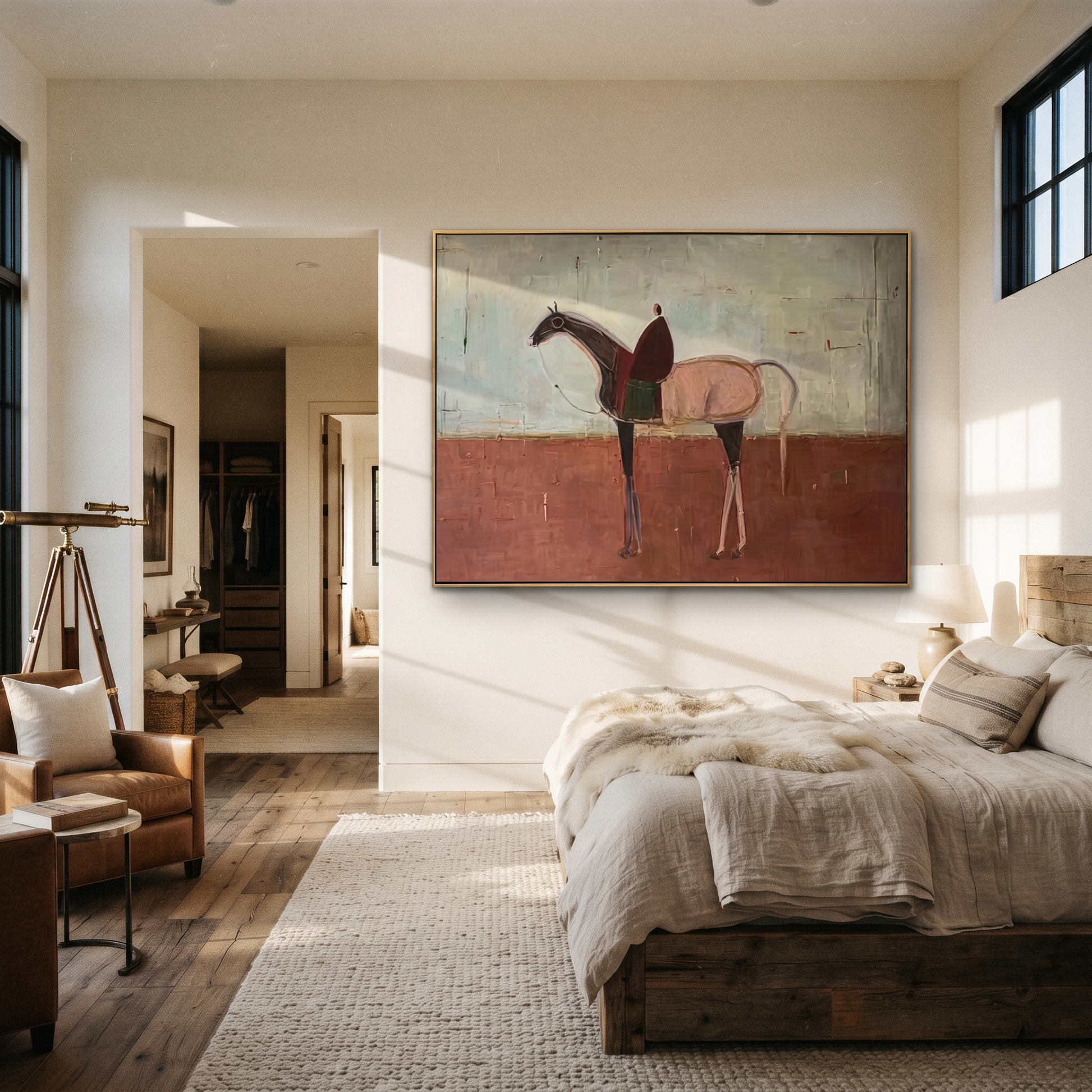 Desert Rhythm Follow the Dust Road - horse and rider painting by Isabelle Laurent, modern Western horizontal wall art – styled room scene view 1