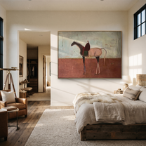 Desert Rhythm Follow the Dust Road - horse and rider painting by Isabelle Laurent, modern Western horizontal wall art – styled room scene view 1