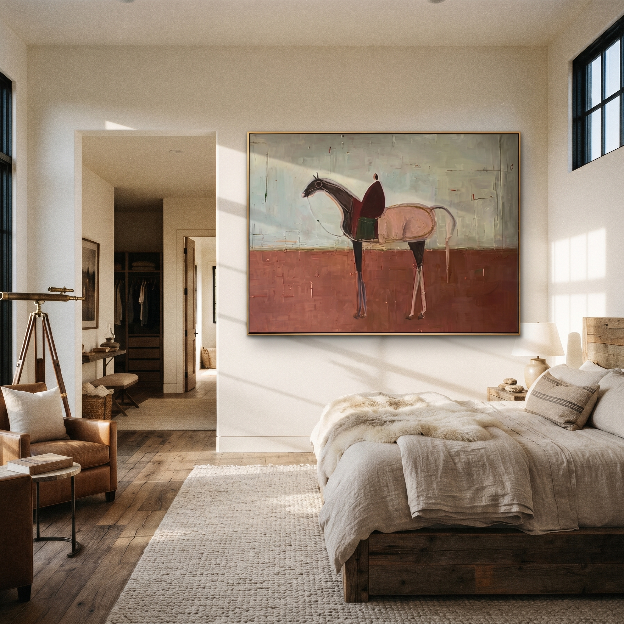 Desert Rhythm Follow the Dust Road - horse and rider painting by Isabelle Laurent, modern Western horizontal wall art – styled room scene view 1