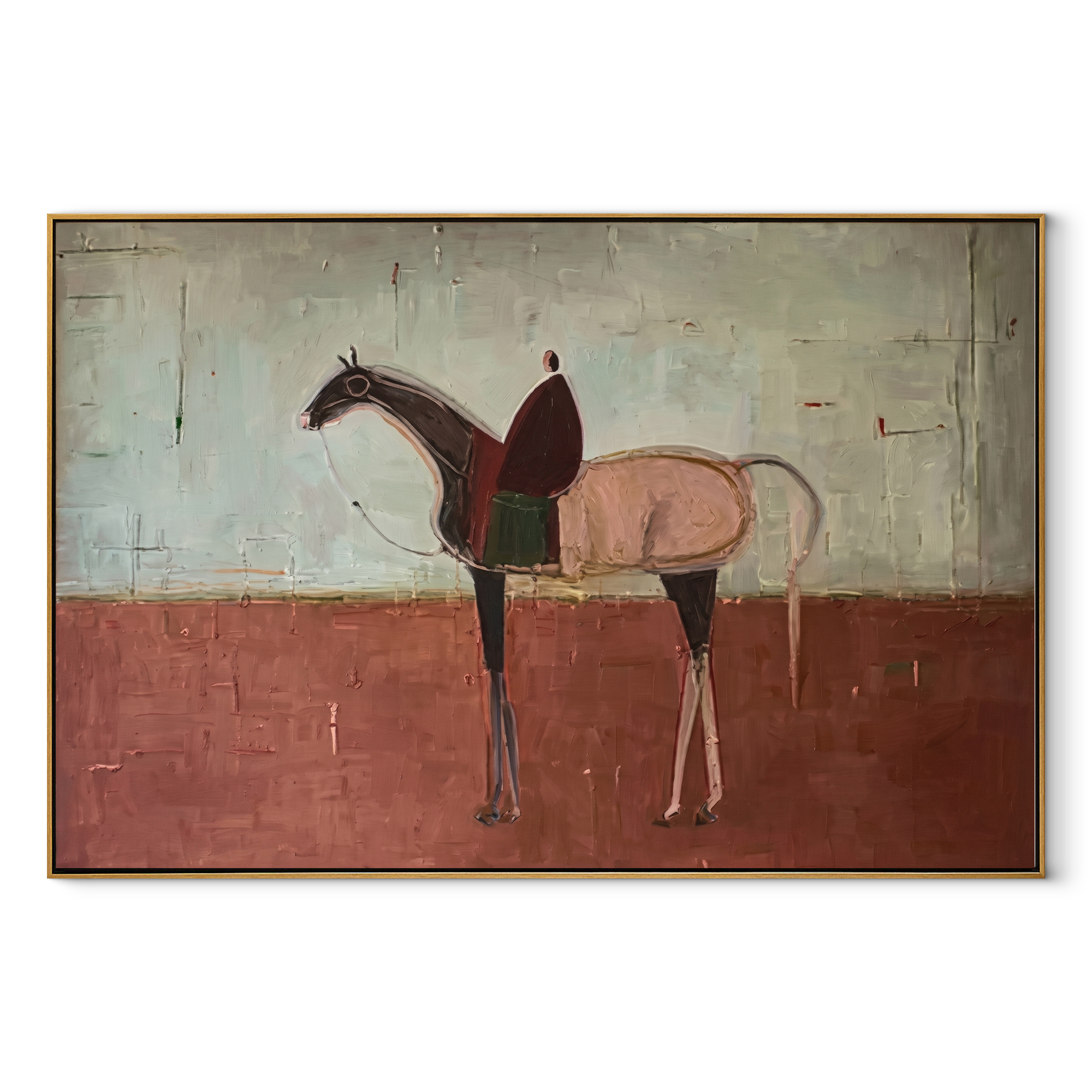 Desert Rhythm Follow the Dust Road - horse and rider painting by Isabelle Laurent, modern Western horizontal wall art – wood frame on white background