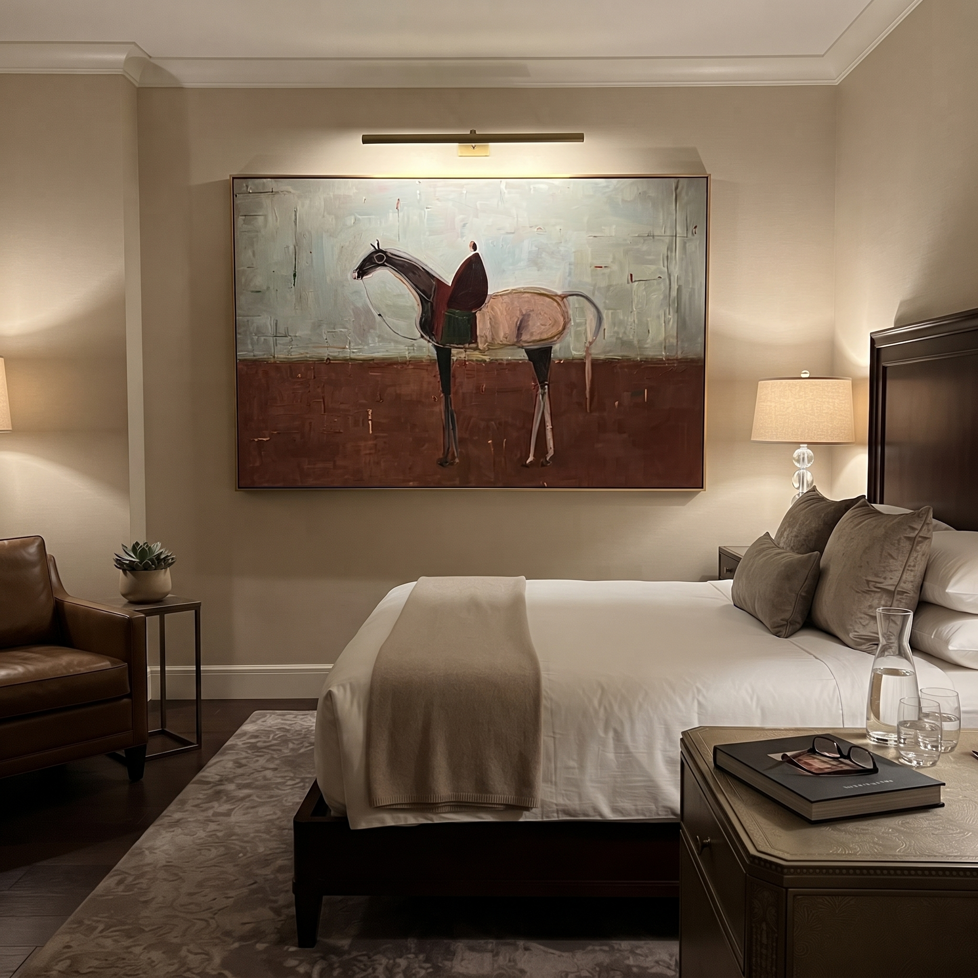Desert Rhythm Follow the Dust Road - horse and rider painting by Isabelle Laurent, modern Western horizontal wall art – styled room scene view 2