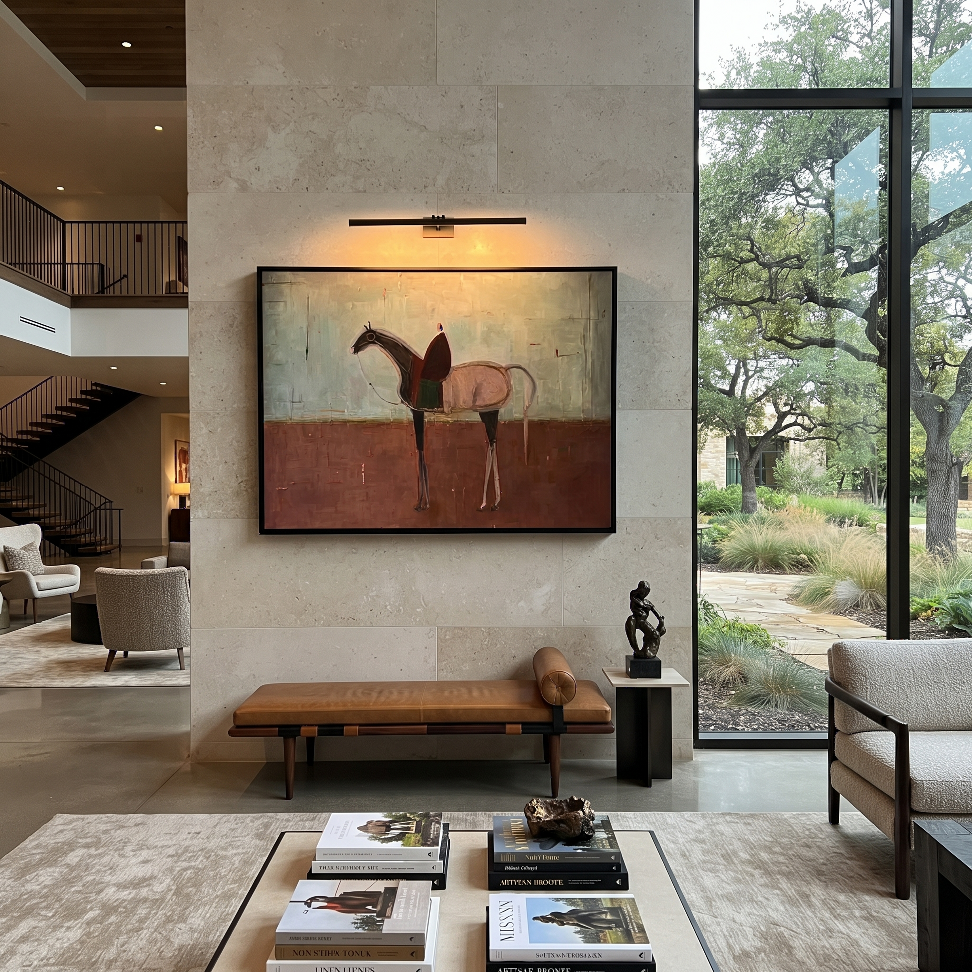 Desert Rhythm Follow the Dust Road - horse and rider painting by Isabelle Laurent, modern Western horizontal wall art – styled room scene view 3