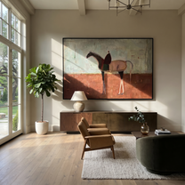 Desert Rhythm Follow the Dust Road - horse and rider painting by Isabelle Laurent, modern Western horizontal wall art – styled room scene view 4