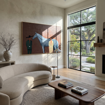 Moonlit Horse Follow the Dust Road - figure and horse painting by Isabelle Laurent, modern Western horizontal wall art – styled room scene view 1