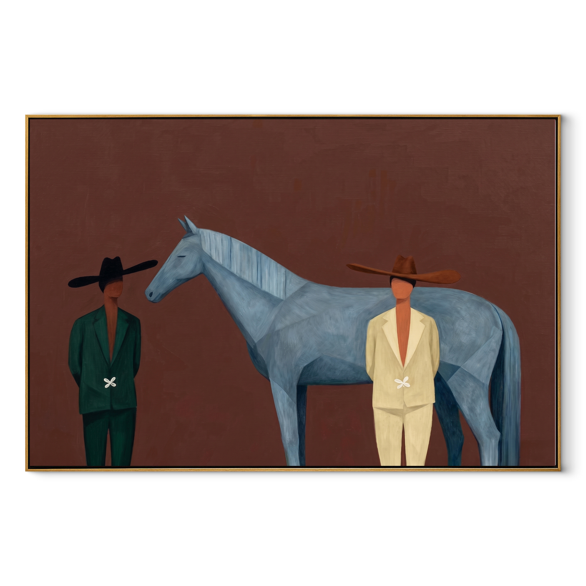 Moonlit Horse Follow the Dust Road - figure and horse painting by Isabelle Laurent, modern Western horizontal wall art – wood frame on white background