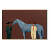 Moonlit Horse Follow the Dust Road - figure and horse painting by Isabelle Laurent, modern Western horizontal wall art – wood frame on white background