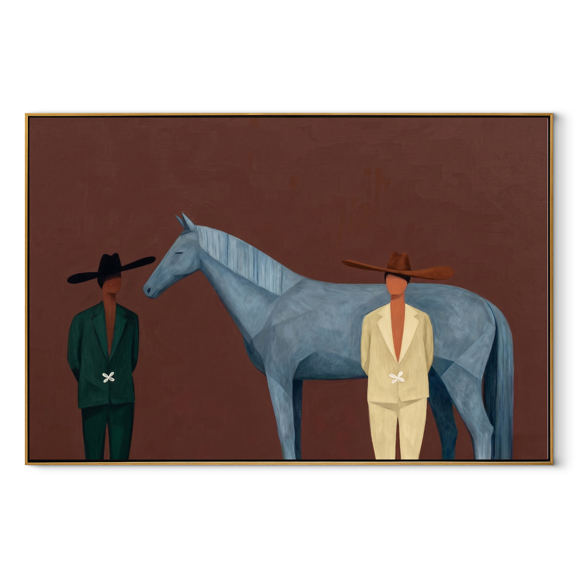 Moonlit Horse Follow the Dust Road - figure and horse painting by Isabelle Laurent, modern Western horizontal wall art – wood frame on white background