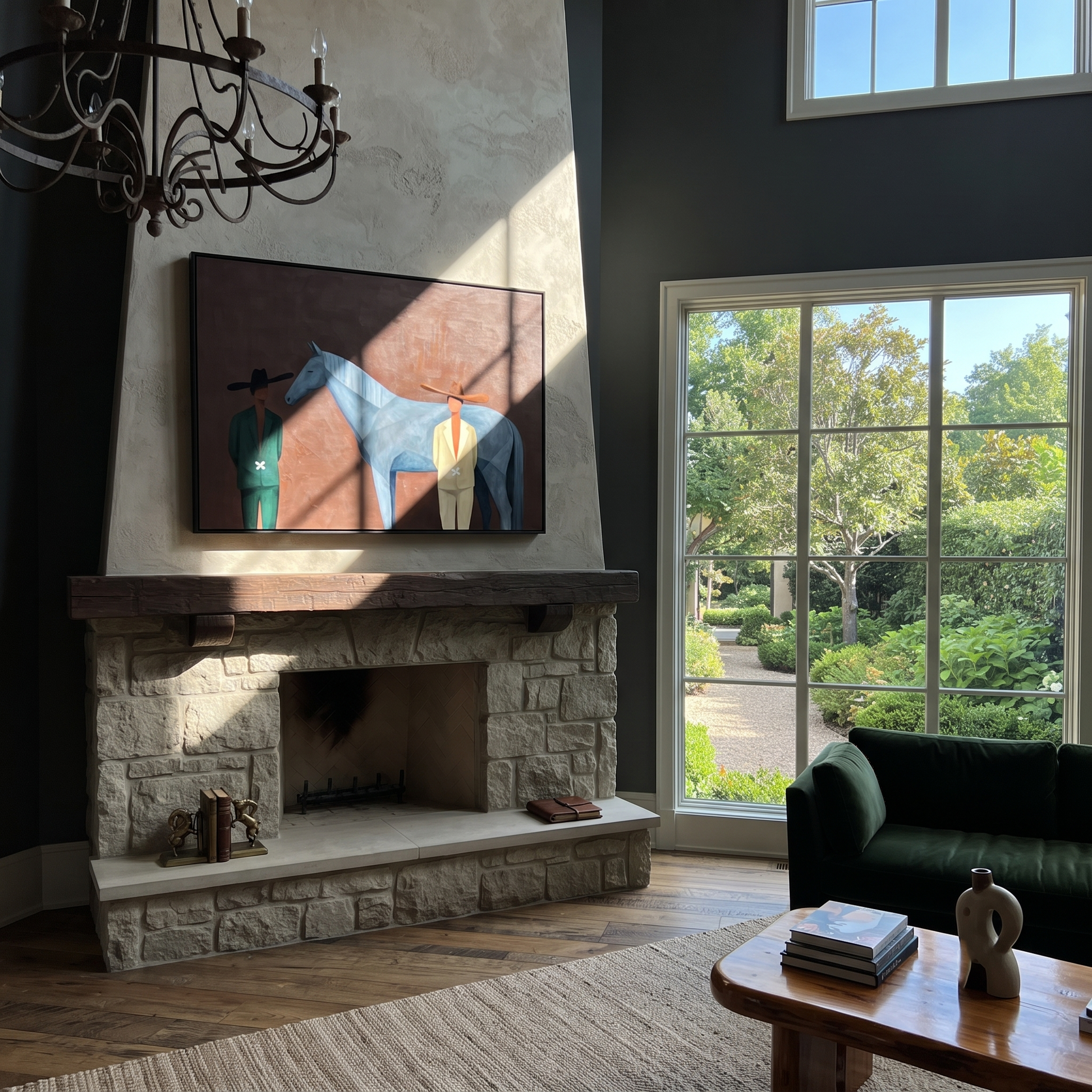Moonlit Horse Follow the Dust Road - figure and horse painting by Isabelle Laurent, modern Western horizontal wall art – styled room scene view 2
